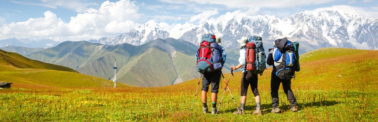 Group of travellers trekking in the mountains 